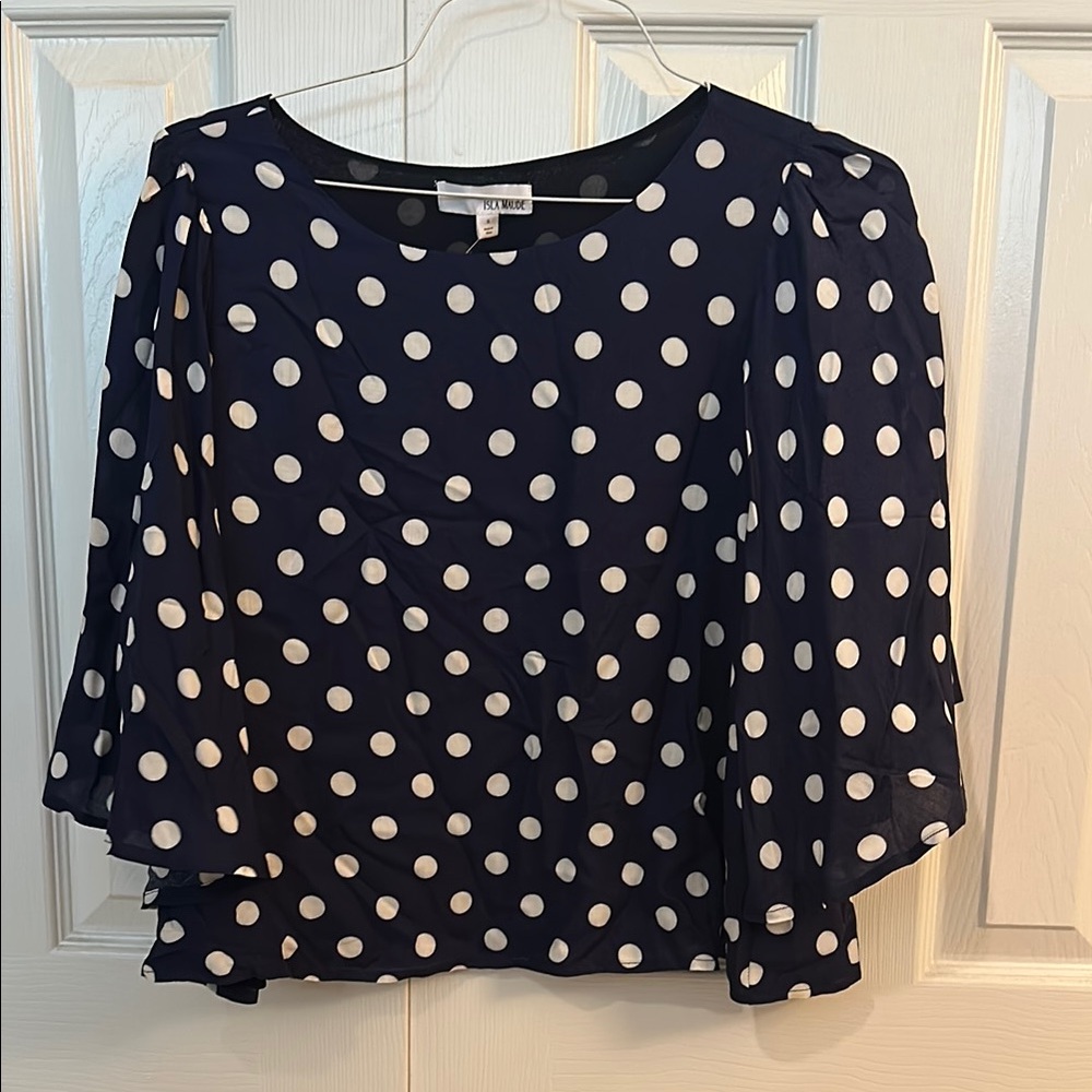 Anthropologie Navy and White Polka Dot Blouse